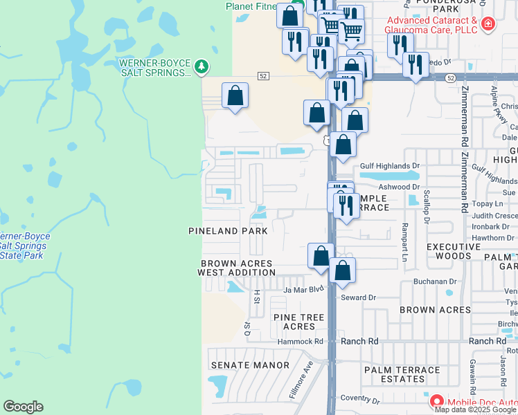 map of restaurants, bars, coffee shops, grocery stores, and more near 11622 Duryea Avenue in Port Richey