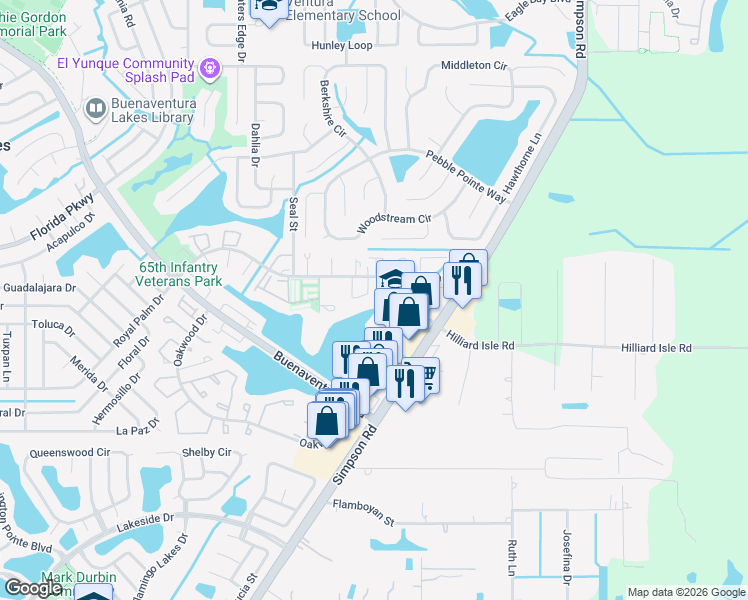 map of restaurants, bars, coffee shops, grocery stores, and more near 156 Turpin Lane in Kissimmee