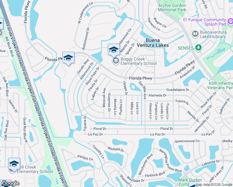 map of restaurants, bars, coffee shops, grocery stores, and more near 107 Guaymas Drive in Kissimmee