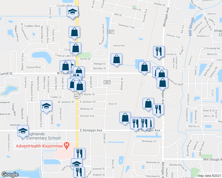 map of restaurants, bars, coffee shops, grocery stores, and more near 2655 Old Dixie Highway in Kissimmee