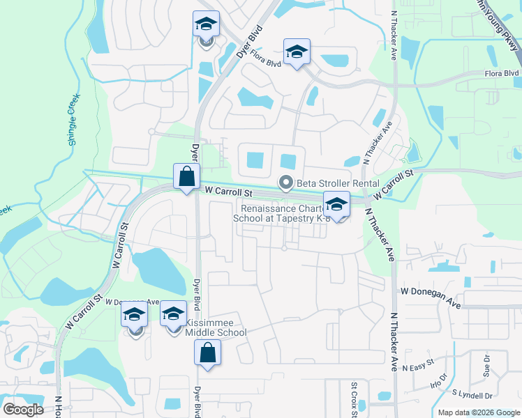 map of restaurants, bars, coffee shops, grocery stores, and more near 2635 Amati Drive in Kissimmee