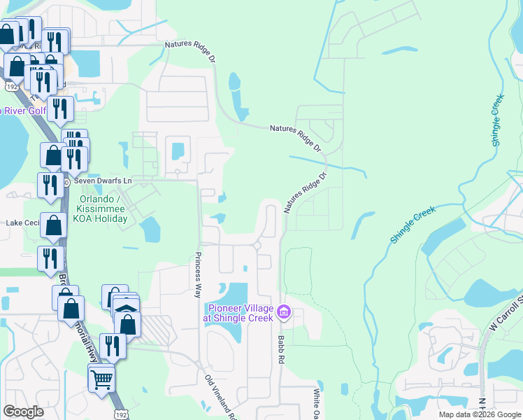 map of restaurants, bars, coffee shops, grocery stores, and more near 2624 Tranquility Way in Kissimmee