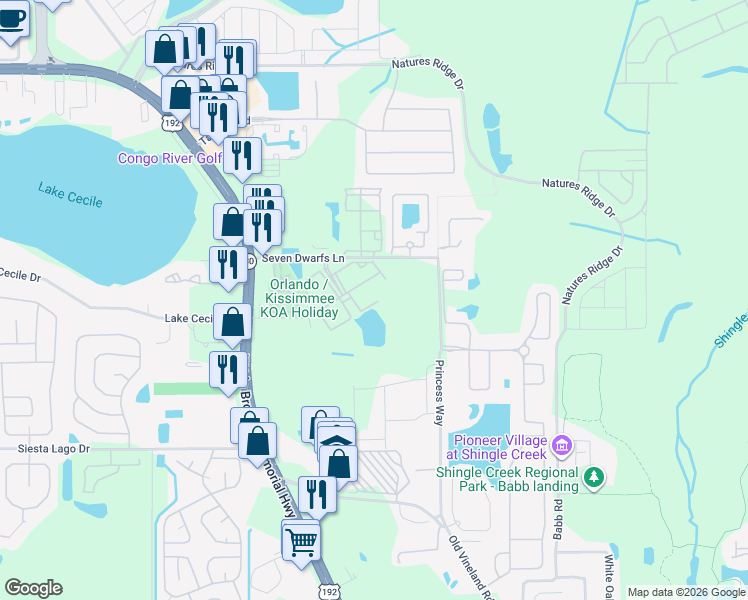 map of restaurants, bars, coffee shops, grocery stores, and more near 4550 Jona Free Lane in Kissimmee