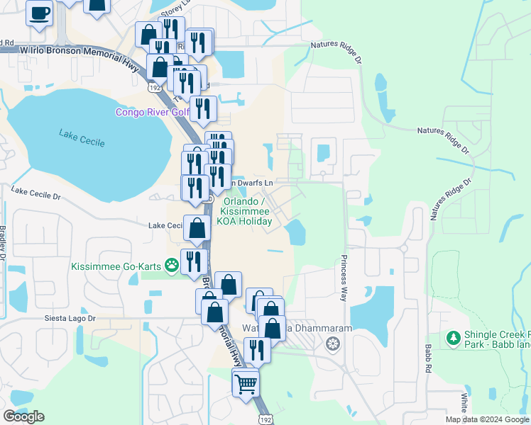 map of restaurants, bars, coffee shops, grocery stores, and more near 2612 Lodi Circle in Kissimmee