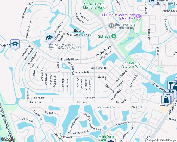 map of restaurants, bars, coffee shops, grocery stores, and more near 130 Guadalajara Drive in Kissimmee