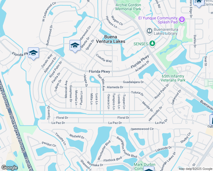 map of restaurants, bars, coffee shops, grocery stores, and more near 116 Guadalajara Drive in Kissimmee