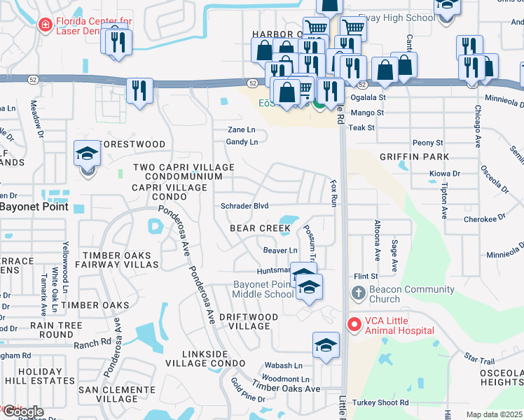 map of restaurants, bars, coffee shops, grocery stores, and more near 8703 Schrader Boulevard in Port Richey