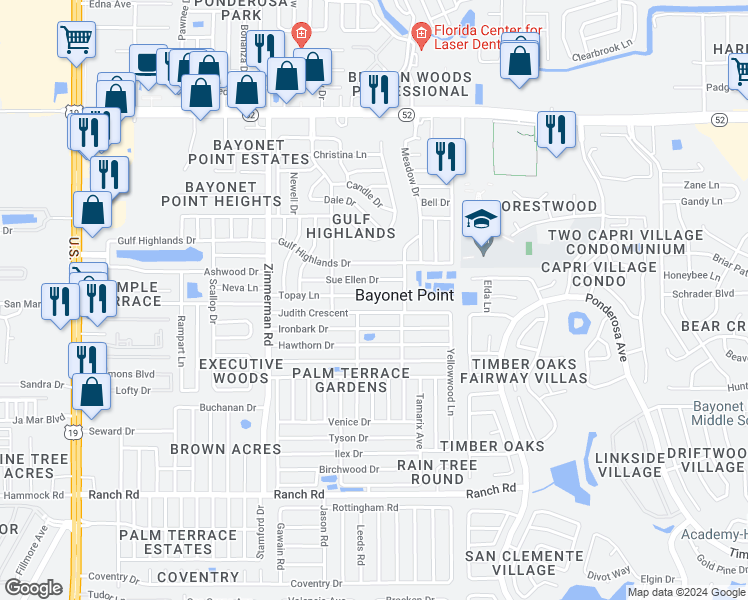 map of restaurants, bars, coffee shops, grocery stores, and more near 7726 Topay Lane in Port Richey