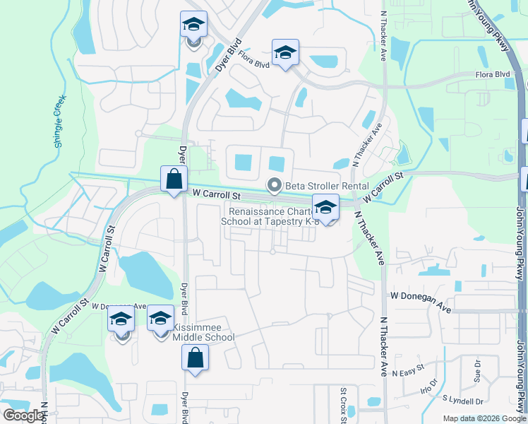 map of restaurants, bars, coffee shops, grocery stores, and more near 2635 Amati Drive in Kissimmee