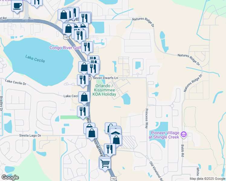 map of restaurants, bars, coffee shops, grocery stores, and more near 2612 Lodi Circle in Kissimmee