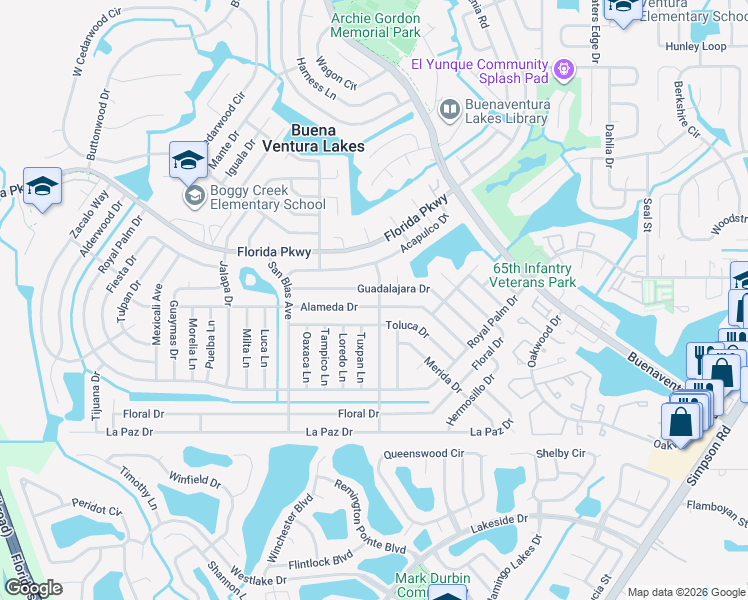 map of restaurants, bars, coffee shops, grocery stores, and more near 137 Alameda Drive in Kissimmee