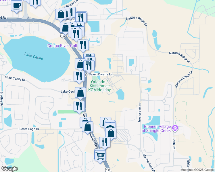 map of restaurants, bars, coffee shops, grocery stores, and more near 4565 Yellowgold Road West in Kissimmee