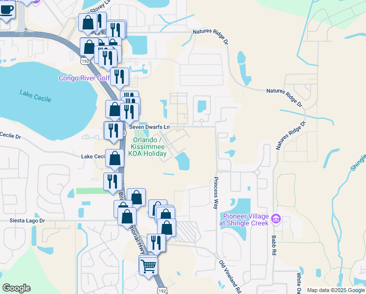 map of restaurants, bars, coffee shops, grocery stores, and more near 4550 Jona Free Lane in Kissimmee