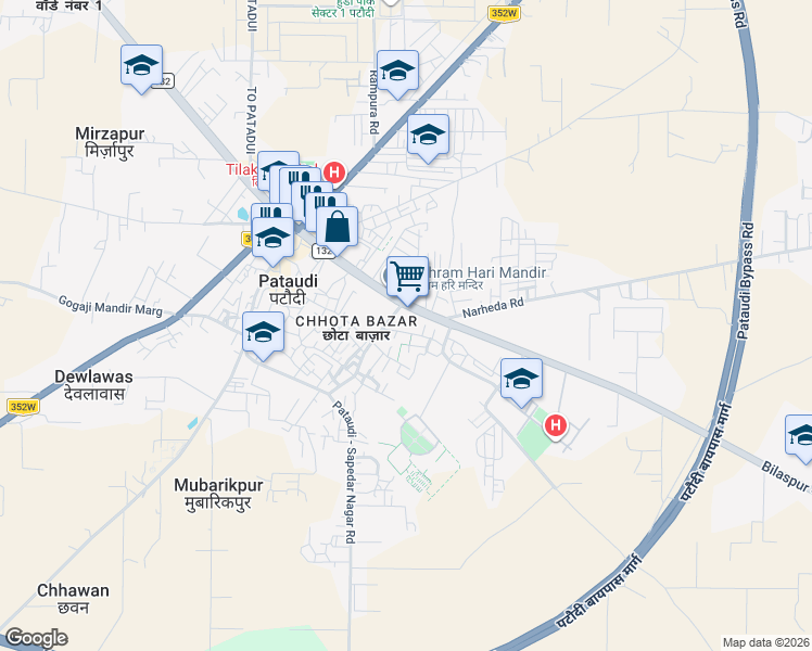map of restaurants, bars, coffee shops, grocery stores, and more near Bilaspur Road in Pataudi