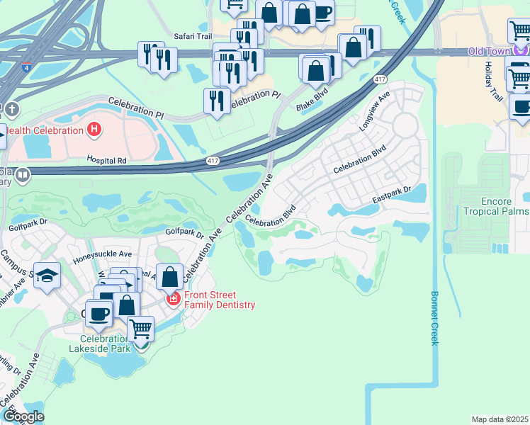 map of restaurants, bars, coffee shops, grocery stores, and more near 400 Celebration Boulevard in Celebration