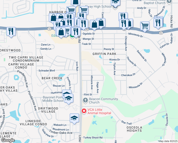 map of restaurants, bars, coffee shops, grocery stores, and more near 9031 Bourbon Street in New Port Richey