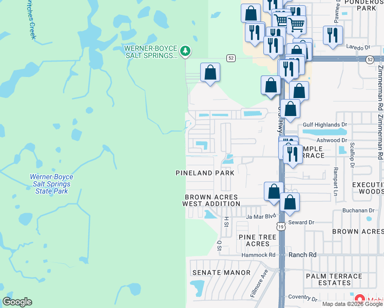 map of restaurants, bars, coffee shops, grocery stores, and more near 6522 Cabbage Palm Lane in Port Richey