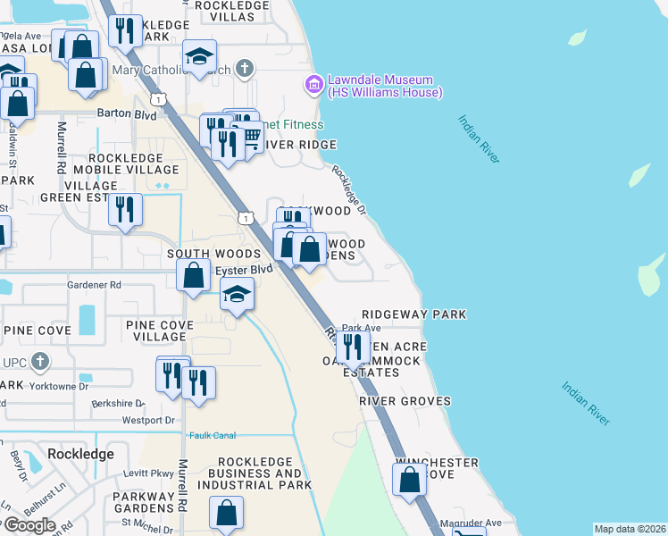 map of restaurants, bars, coffee shops, grocery stores, and more near 1978 Rockledge Boulevard in Rockledge