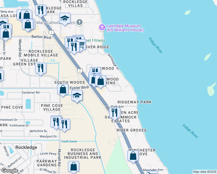 map of restaurants, bars, coffee shops, grocery stores, and more near 1978 Rockledge Boulevard in Rockledge