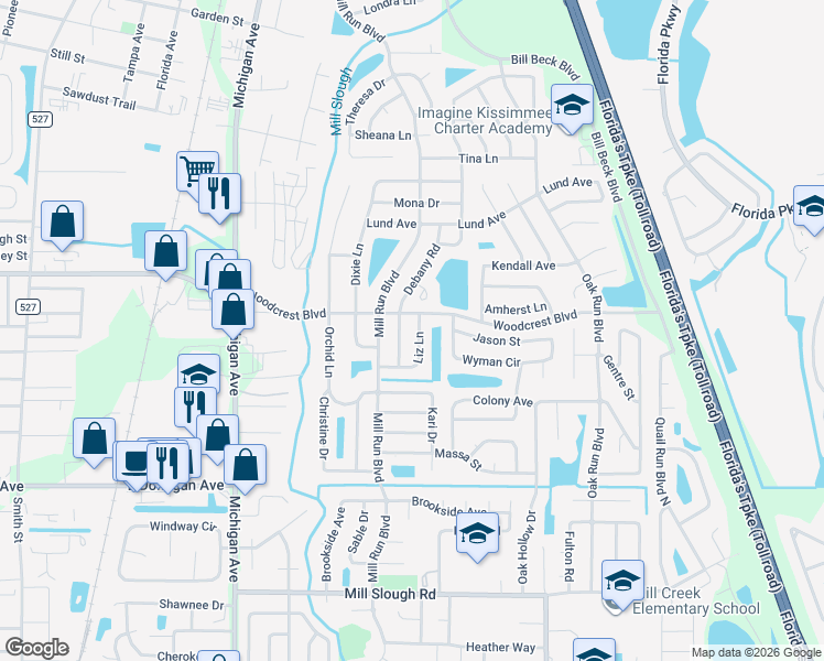 map of restaurants, bars, coffee shops, grocery stores, and more near 2629 Liz Lane in Kissimmee
