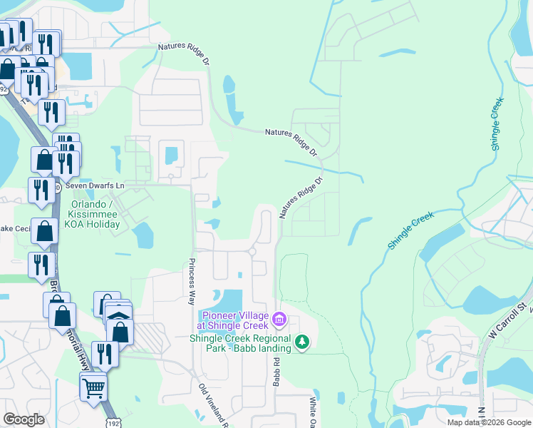 map of restaurants, bars, coffee shops, grocery stores, and more near 2638 Tranquility Way in Kissimmee