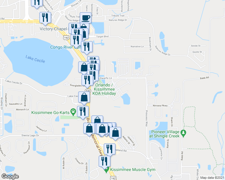 map of restaurants, bars, coffee shops, grocery stores, and more near 2612 Lodi Circle in Kissimmee