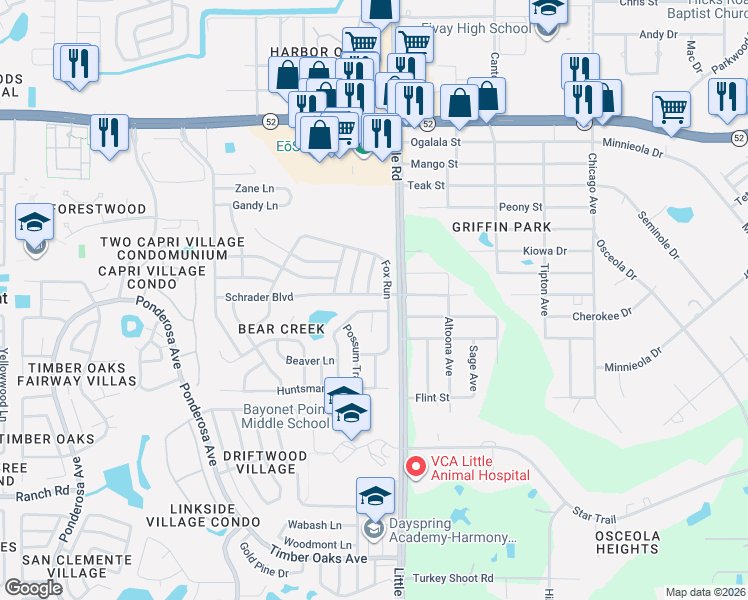 map of restaurants, bars, coffee shops, grocery stores, and more near 8914 Schrader Boulevard in Port Richey
