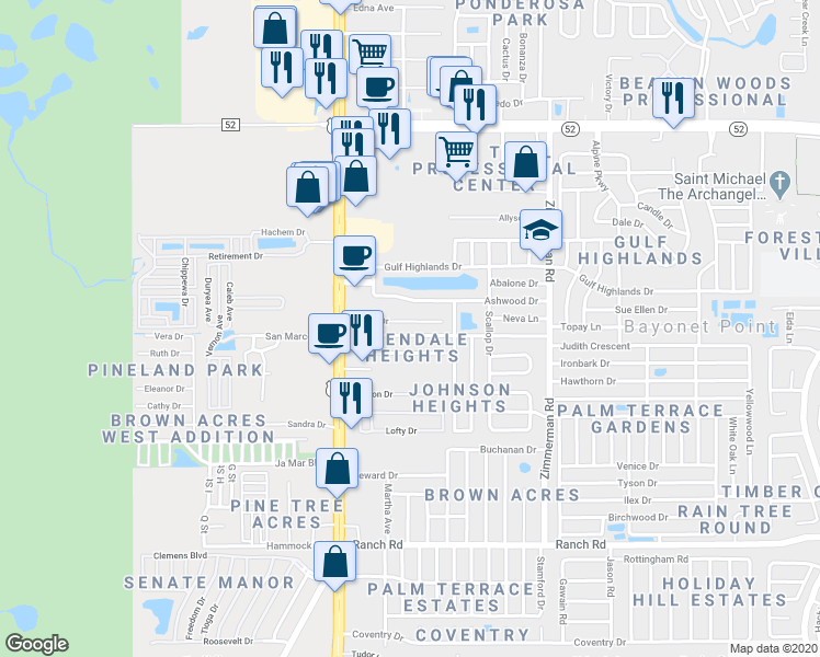 map of restaurants, bars, coffee shops, grocery stores, and more near 7122 Colfax Drive in Port Richey