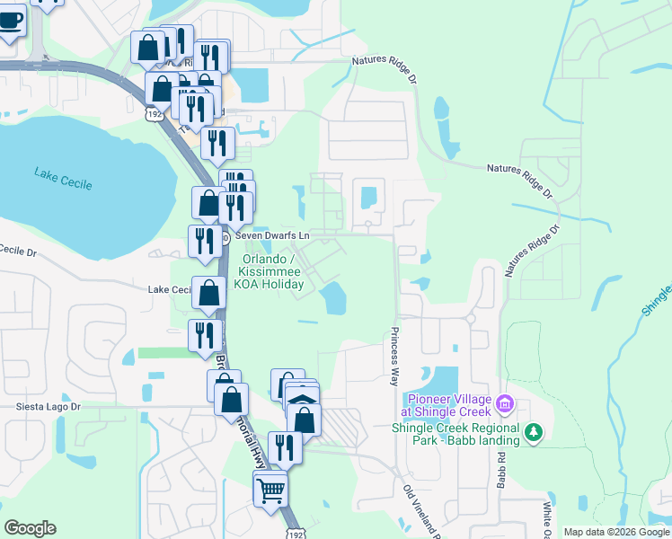 map of restaurants, bars, coffee shops, grocery stores, and more near 2601 Gala Road South in Kissimmee