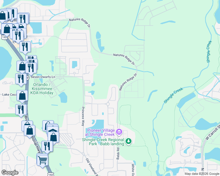 map of restaurants, bars, coffee shops, grocery stores, and more near 2624 Tranquility Way in Kissimmee