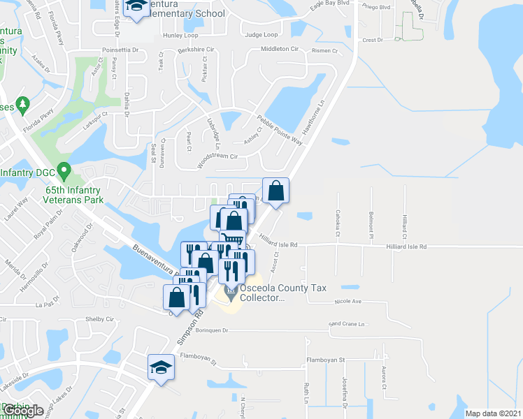 map of restaurants, bars, coffee shops, grocery stores, and more near 110 Michelle Lane in Kissimmee