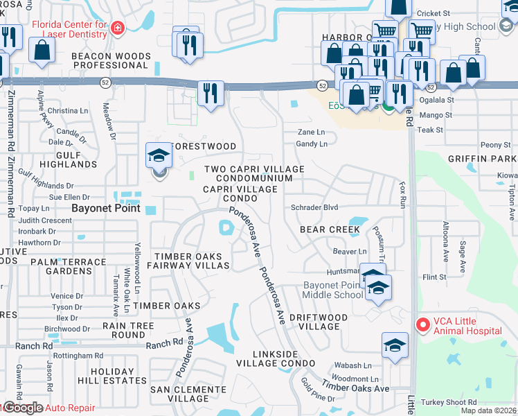 map of restaurants, bars, coffee shops, grocery stores, and more near 11506 Orleans Lane in Port Richey