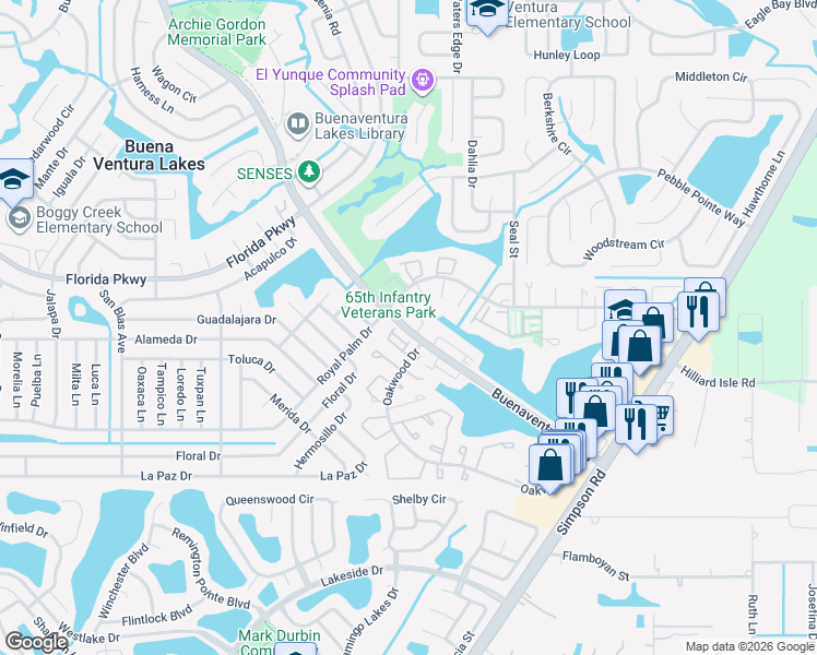 map of restaurants, bars, coffee shops, grocery stores, and more near 269 Buenaventura Boulevard in Buena Ventura Lakes
