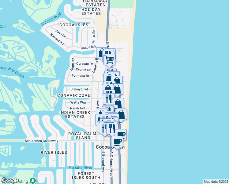 map of restaurants, bars, coffee shops, grocery stores, and more near 334 North Orlando Avenue in Cocoa Beach