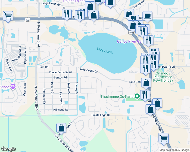 map of restaurants, bars, coffee shops, grocery stores, and more near 2595 Chatham Circle in Kissimmee