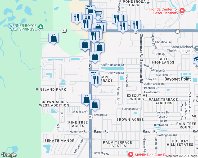 map of restaurants, bars, coffee shops, grocery stores, and more near 7030 Colfax Drive in Port Richey