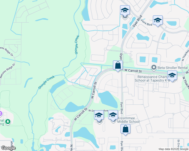 map of restaurants, bars, coffee shops, grocery stores, and more near 2627 Calistoga Avenue in Kissimmee