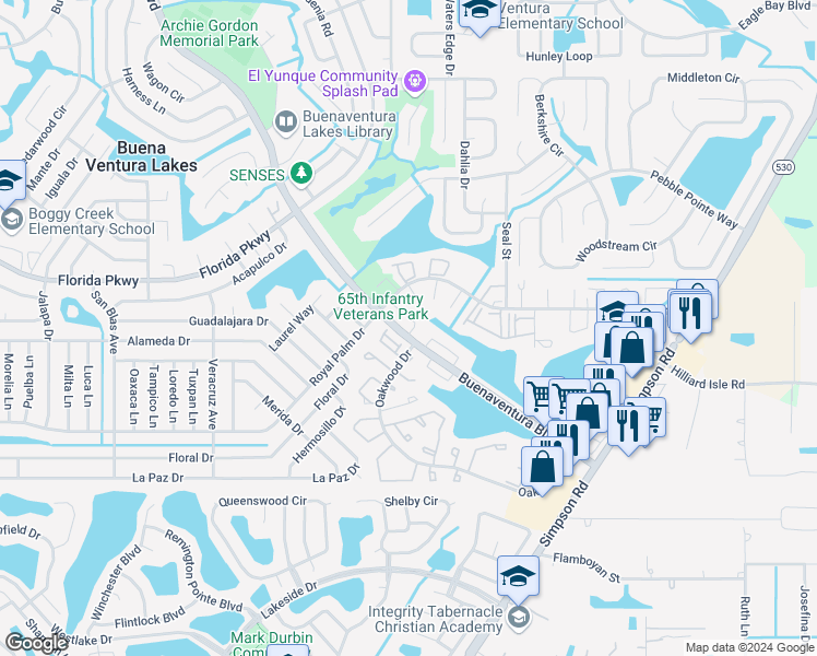 map of restaurants, bars, coffee shops, grocery stores, and more near 202 Watts Lane in Kissimmee