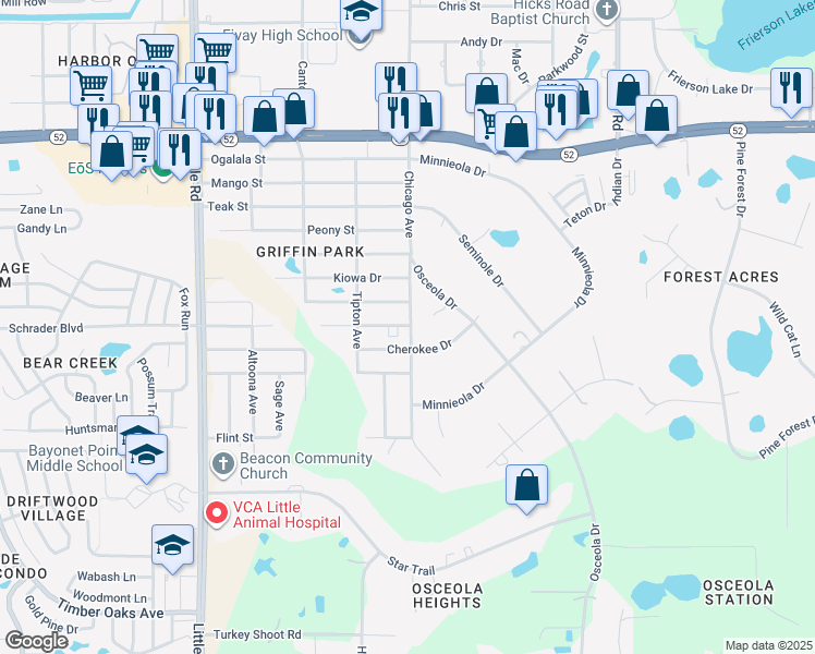 map of restaurants, bars, coffee shops, grocery stores, and more near 9444 Bourbon Street in New Port Richey
