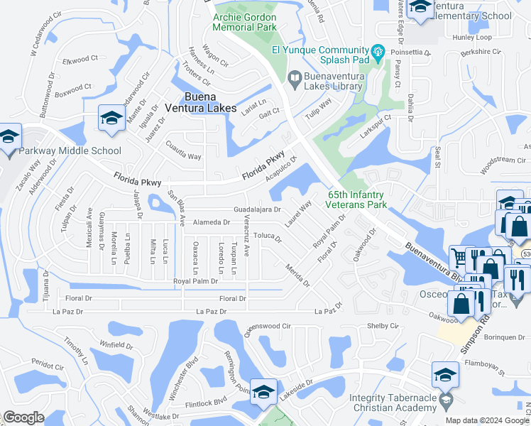 map of restaurants, bars, coffee shops, grocery stores, and more near 148 Guadalajara Drive in Kissimmee