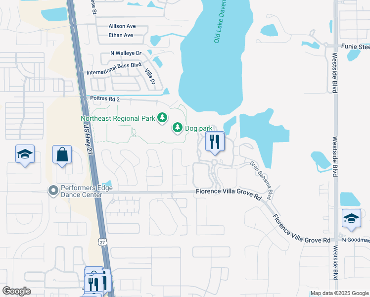 map of restaurants, bars, coffee shops, grocery stores, and more near 556 Hillcrest Drive in Davenport