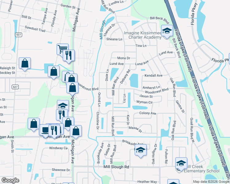 map of restaurants, bars, coffee shops, grocery stores, and more near 2633 Mill Run Boulevard in Kissimmee