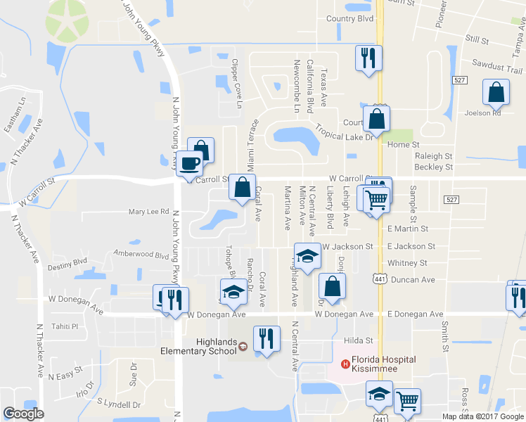 map of restaurants, bars, coffee shops, grocery stores, and more near 2619 Coral Avenue in Kissimmee
