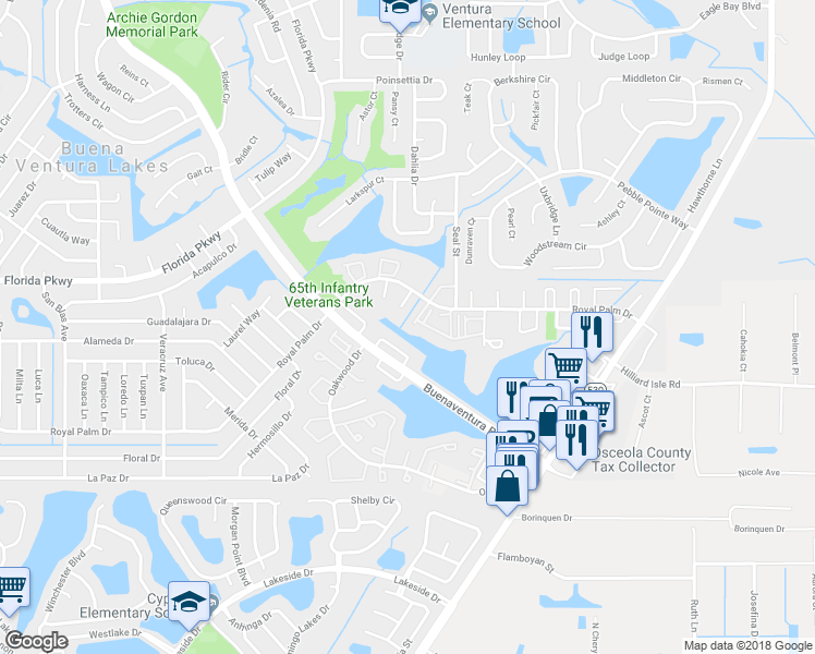 map of restaurants, bars, coffee shops, grocery stores, and more near 34 Lake Villa Way in Kissimmee