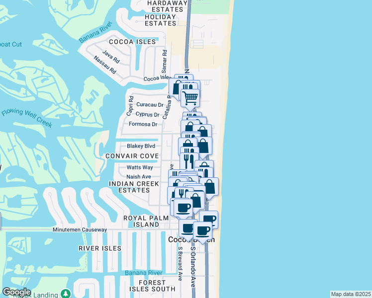 map of restaurants, bars, coffee shops, grocery stores, and more near 334 North Orlando Avenue in Cocoa Beach