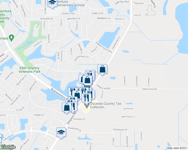 map of restaurants, bars, coffee shops, grocery stores, and more near 110 Michelle Lane in Kissimmee