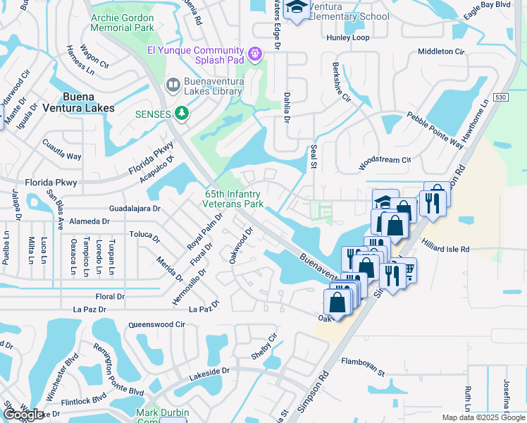 map of restaurants, bars, coffee shops, grocery stores, and more near 202 Watts Lane in Kissimmee