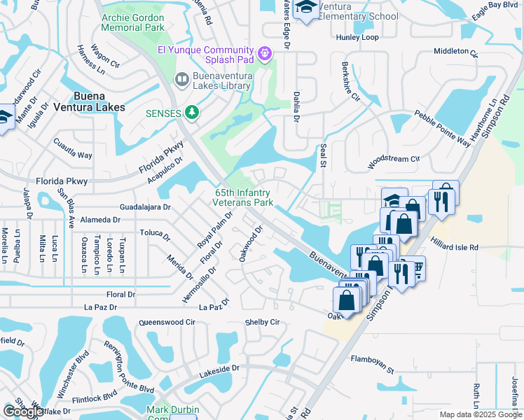 map of restaurants, bars, coffee shops, grocery stores, and more near 202 Watts Lane in Kissimmee
