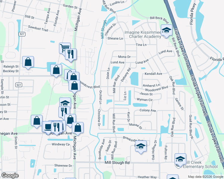 map of restaurants, bars, coffee shops, grocery stores, and more near 2633 Mill Run Boulevard in Kissimmee