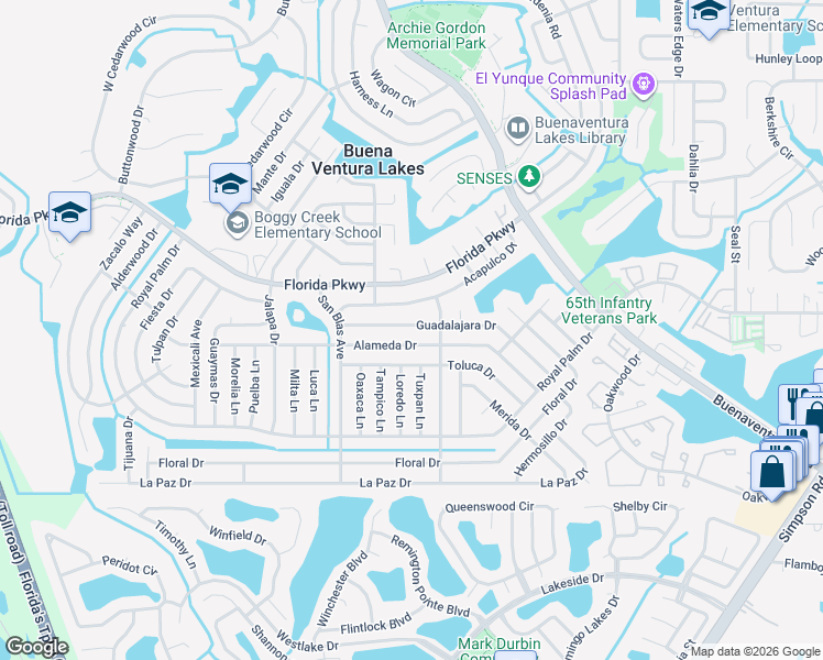 map of restaurants, bars, coffee shops, grocery stores, and more near 130 Guadalajara Drive in Kissimmee